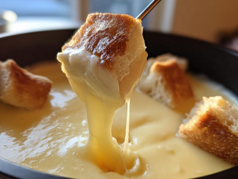 A piece of toasted bread being lifted from a pot of creamy, melted cheese fondue, showing a long, delicious cheese pull.