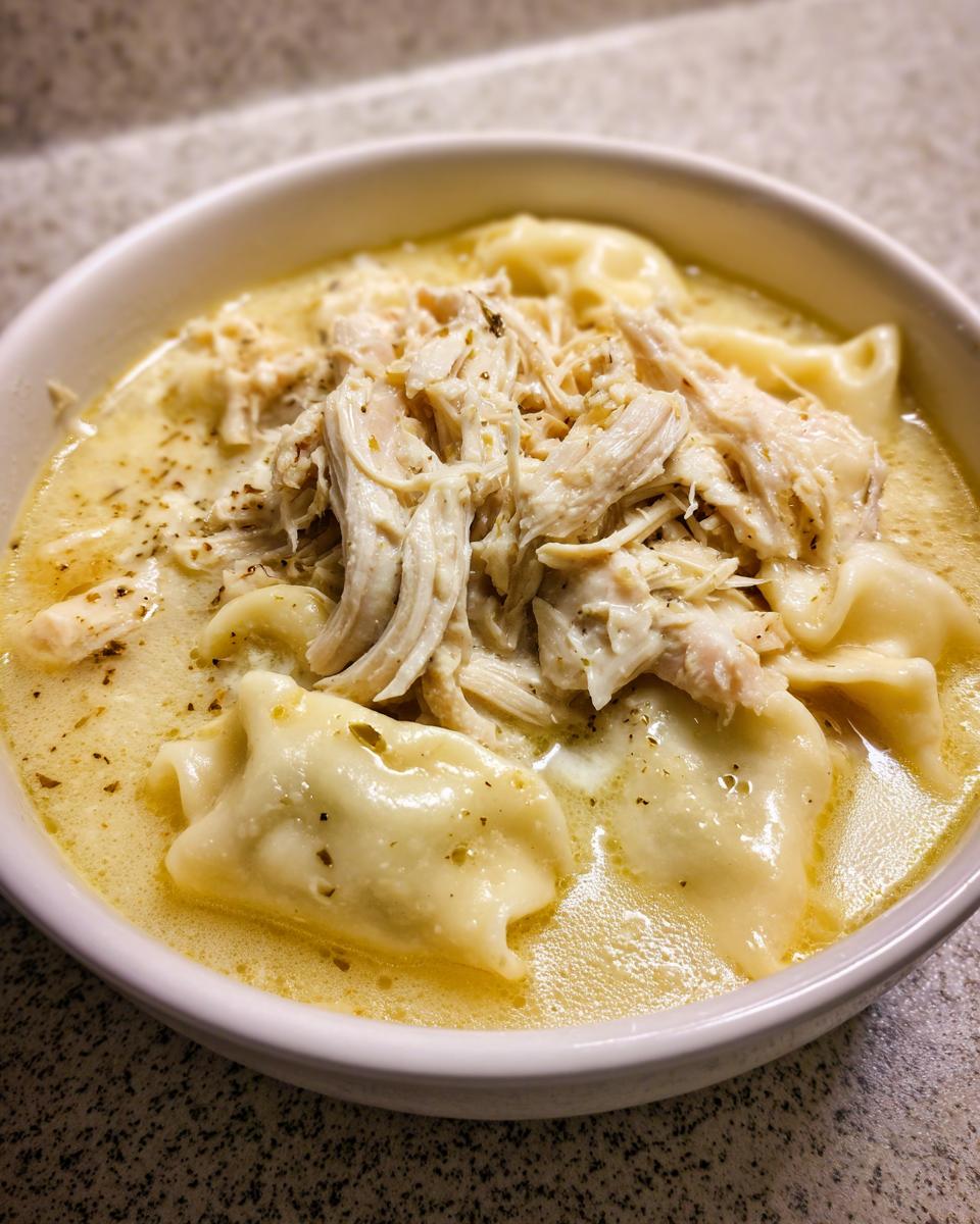 A close-up of a white bowl filled with creamy chicken and dumplings, topped generously with shredded chicken and herbs.