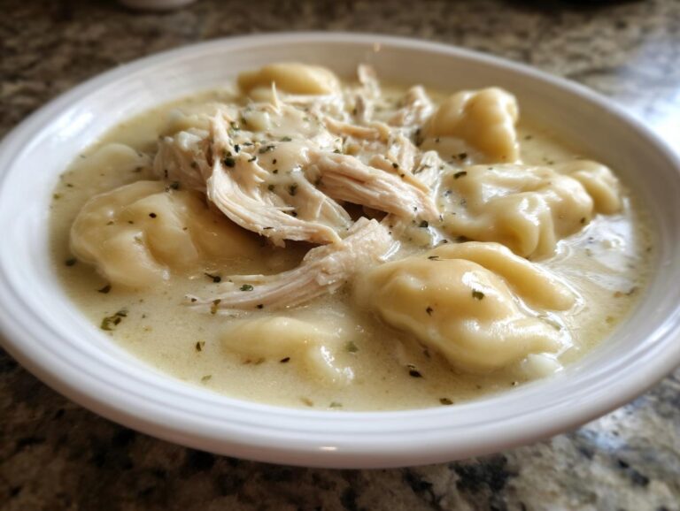 Close-up of a white bowl filled with creamy chicken and dumplings, topped with shredded chicken and herbs.
