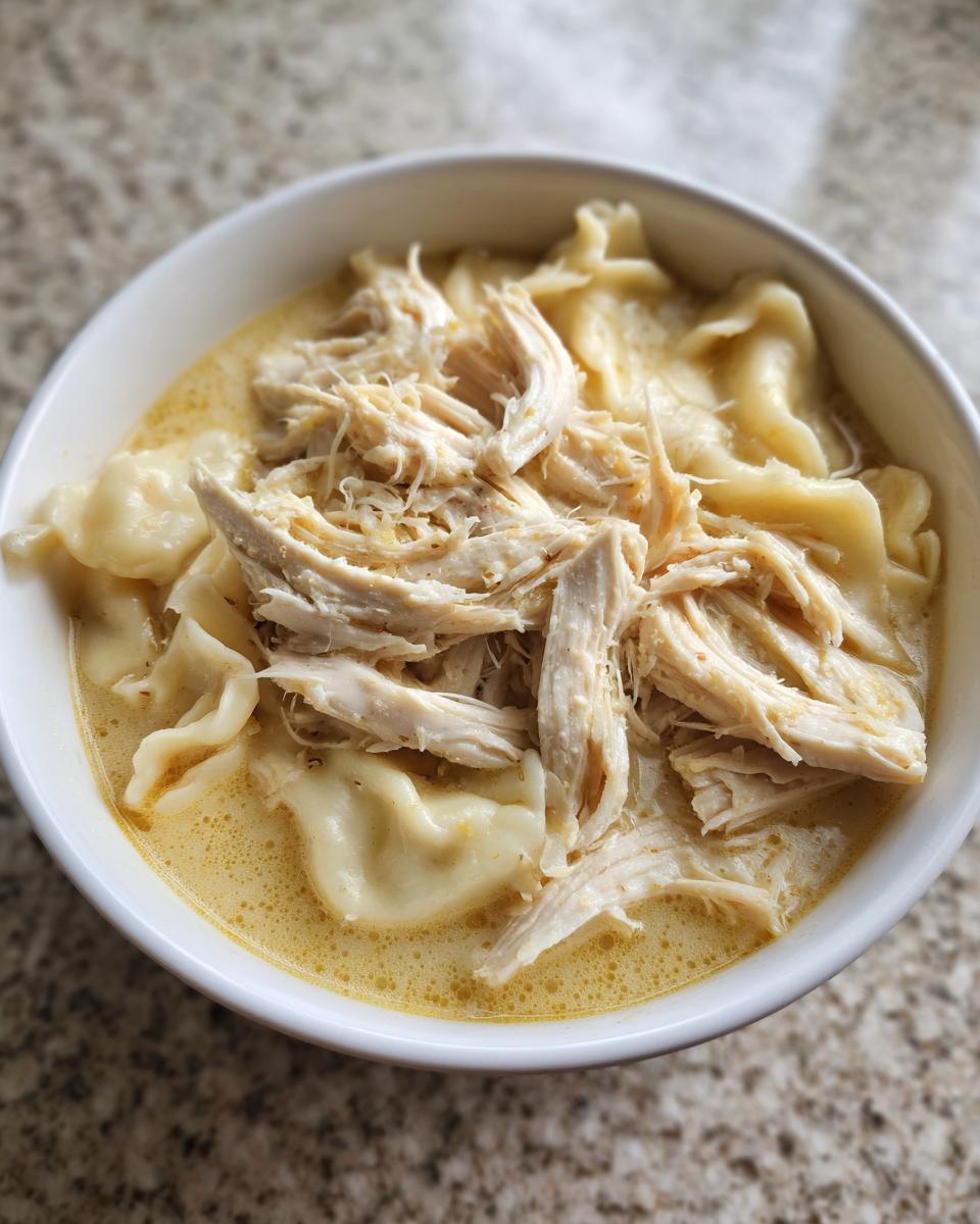 A close-up overhead shot of a white bowl filled with creamy chicken and dumplings, topped generously with shredded chicken.