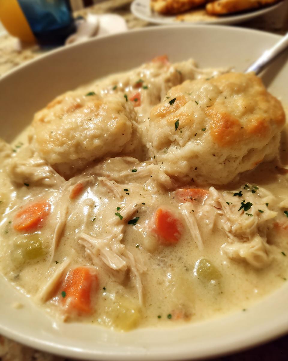 Close-up of a bowl of creamy chicken and dumplings with biscuits, featuring shredded chicken, carrots, and celery.