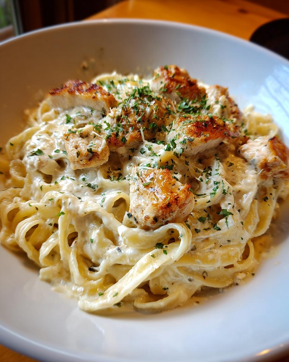 Close-up of a bowl of creamy chicken fettuccine alfredo topped with grilled chicken pieces and fresh parsley.