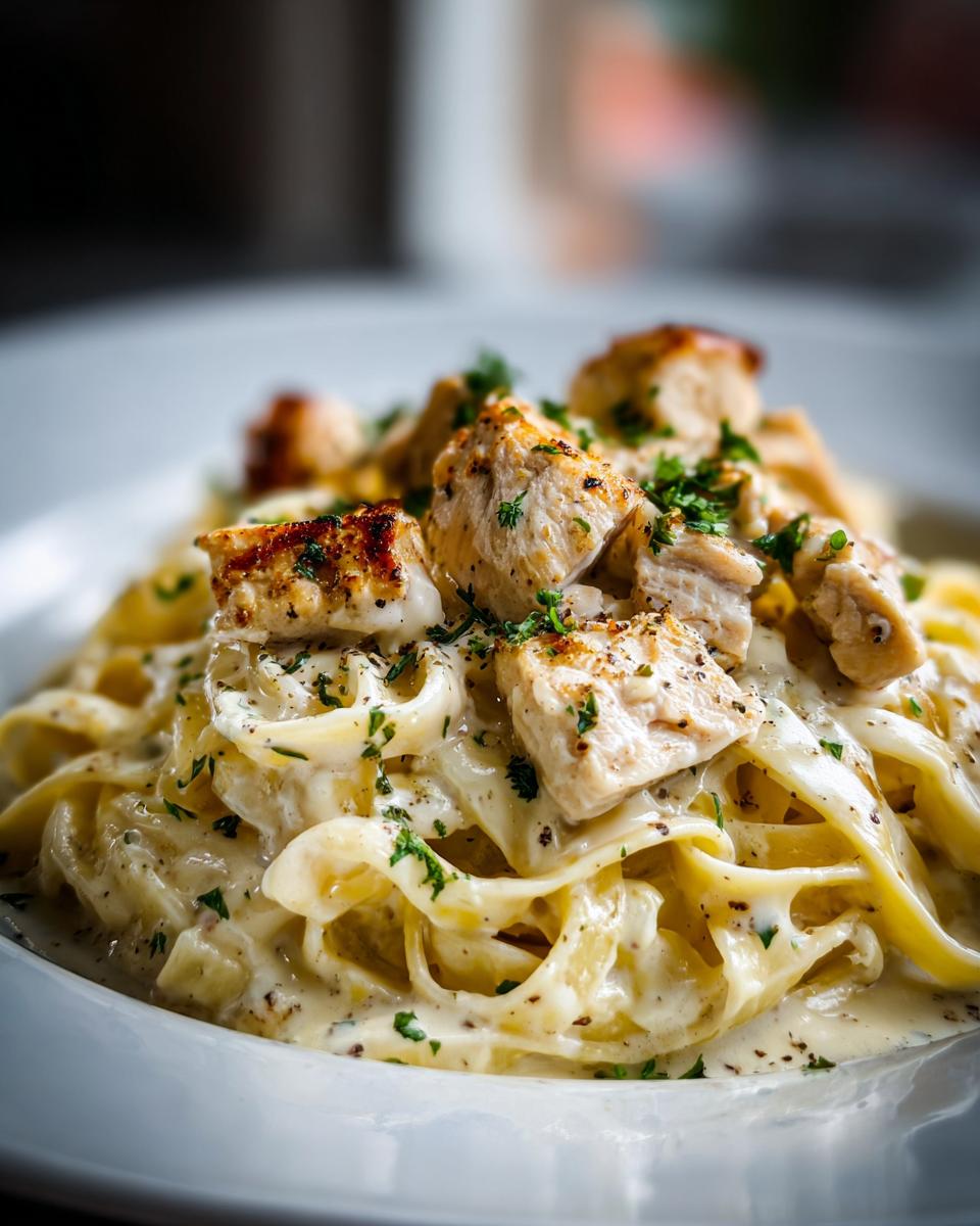 Close-up of rich chicken fettuccine alfredo pasta coated in creamy white sauce and topped with grilled chicken pieces.
