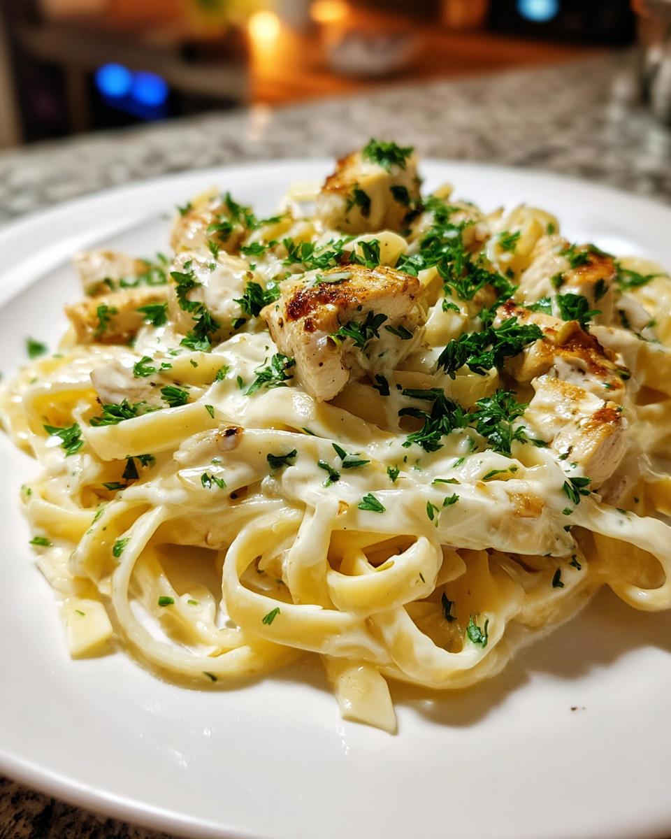 Close-up of creamy chicken fettuccine alfredo pasta topped generously with chopped parsley.
