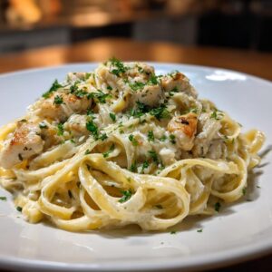 Close-up of creamy chicken fettuccine alfredo pasta topped with grilled chicken pieces and fresh parsley.