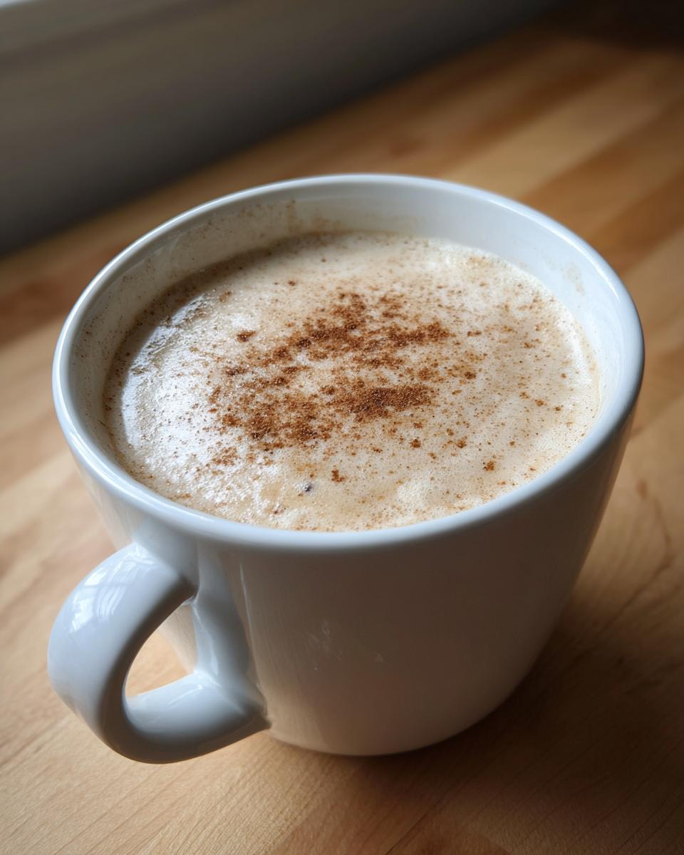Close-up of a creamy, frothy beverage in a white mug, dusted with cinnamon, unrelated to roasted cauliflower soup.