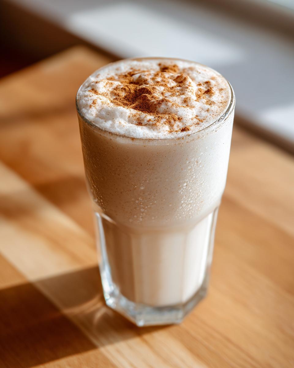 A tall glass filled with creamy, frothy coquito, garnished generously with ground cinnamon on top.