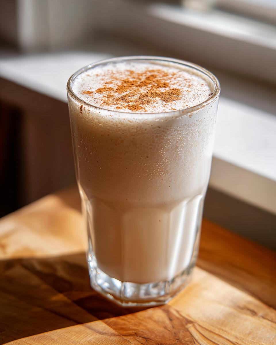 A tall glass filled with creamy, chilled coquito, dusted with ground cinnamon on top.