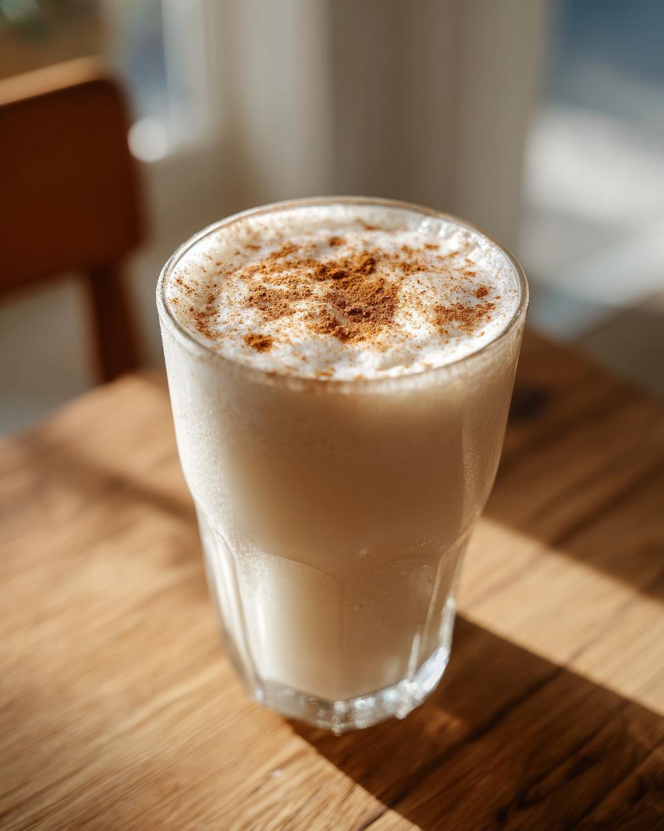 A tall glass of creamy, chilled coquito topped with a dusting of ground cinnamon.