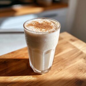 A tall glass filled with creamy, pale coquito topped with a dusting of cinnamon.