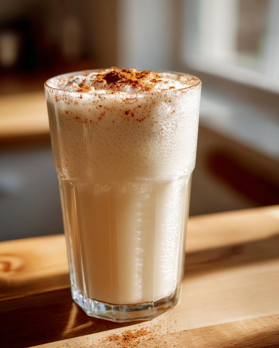 A tall glass filled with creamy, frothy coquito, dusted generously with ground cinnamon on top.