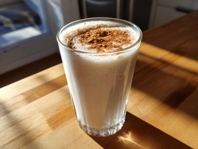 A tall glass filled with creamy coquito, topped with a dusting of ground cinnamon, sitting on a sunlit wooden counter.
