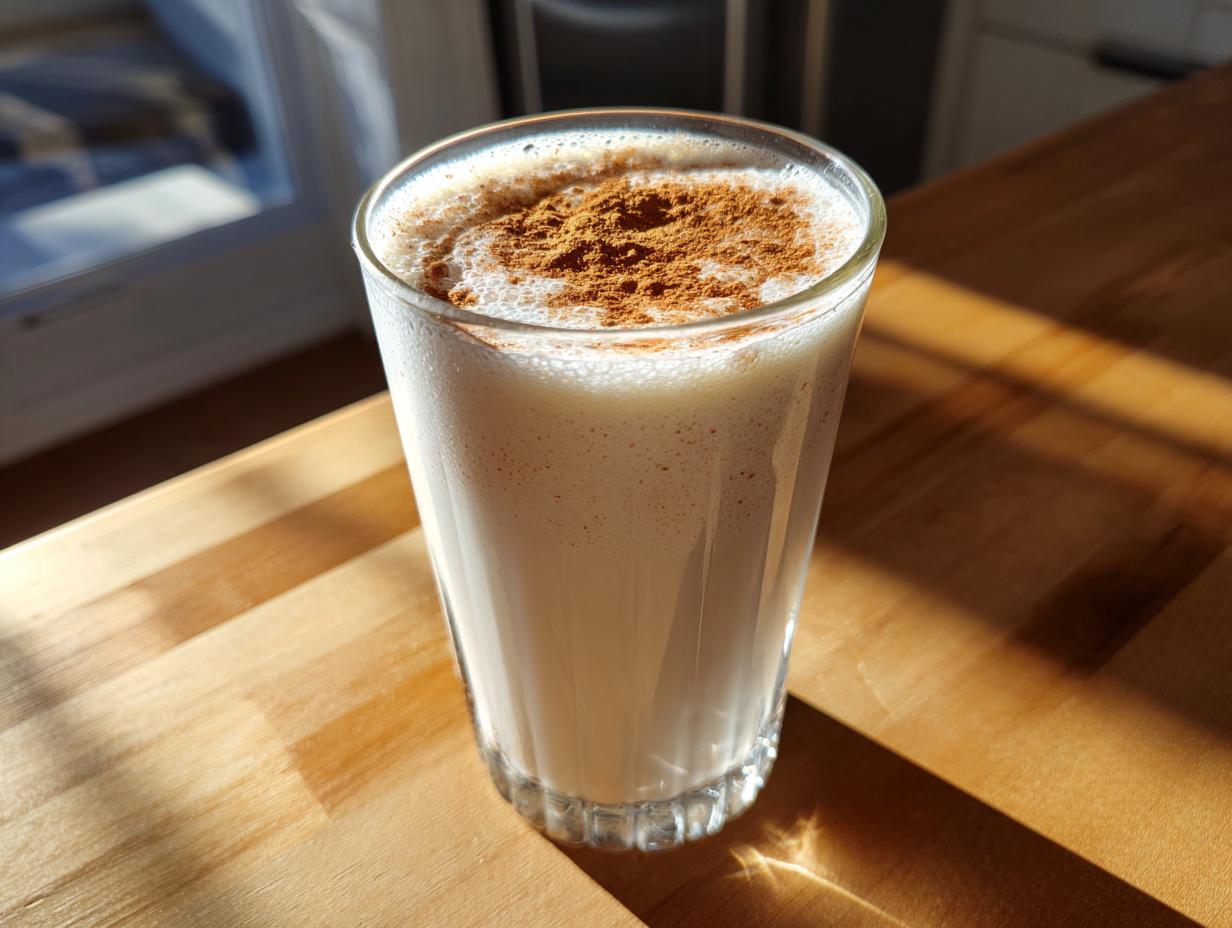 A tall glass filled with creamy coquito, topped with a dusting of ground cinnamon, sitting on a sunlit wooden counter.