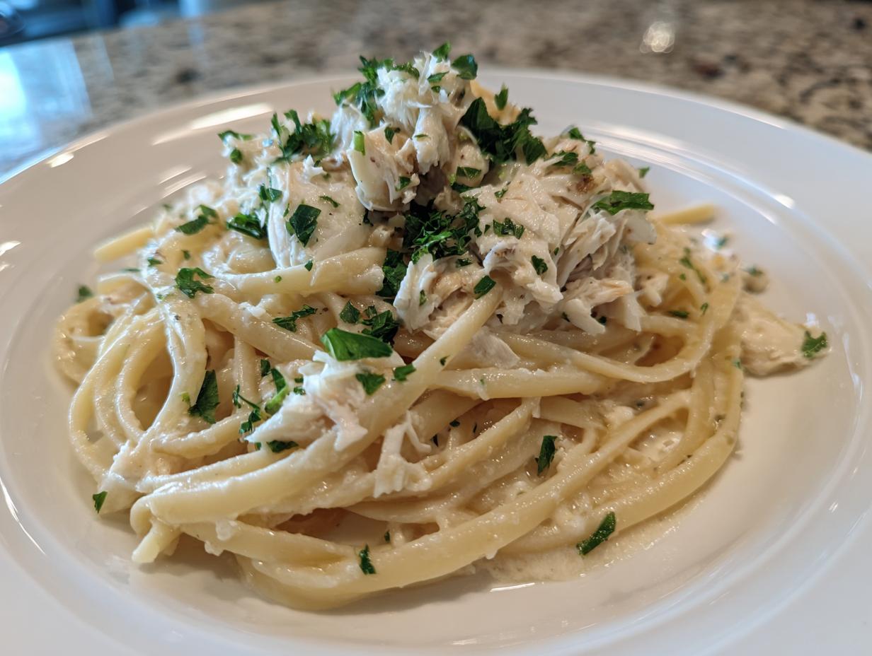 A serving of creamy crab pasta featuring linguine tossed in a white sauce, topped generously with flaked crab meat and fresh parsley.