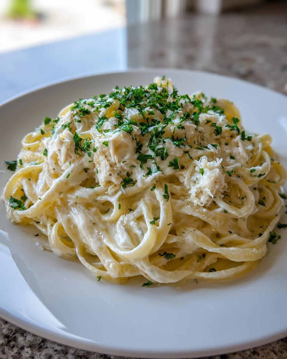 A close-up of creamy fettuccine crab pasta topped with shredded crab meat and fresh chopped parsley.