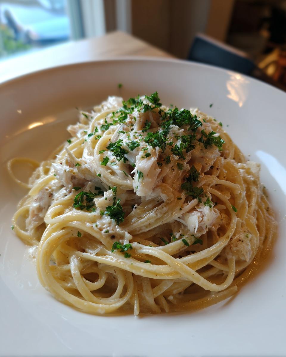 A close-up of creamy crab pasta served in a white bowl, generously topped with flaked crab meat and chopped parsley.