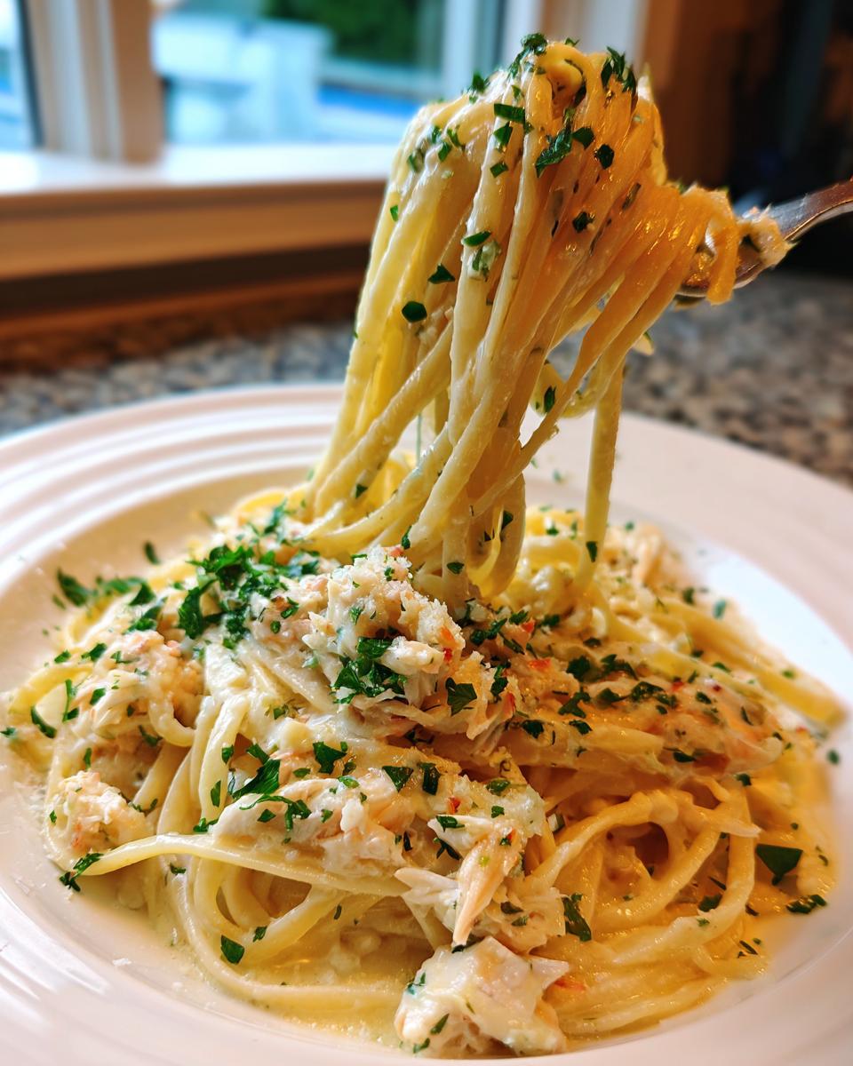 A fork lifts a twirl of creamy crab pasta topped with flaked crab meat and chopped parsley.