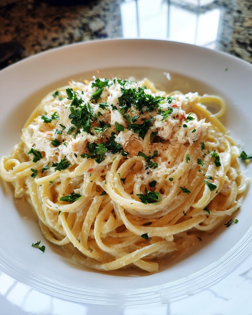Close-up of a serving of creamy crab pasta, garnished generously with flaked crab meat and chopped parsley.