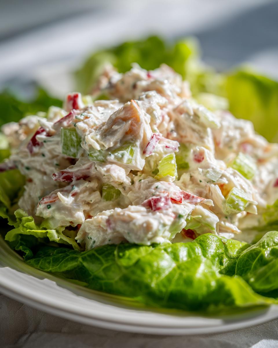 A close-up, bright photo of creamy crab salad mixed with celery and red pepper, served atop crisp green lettuce leaves.
