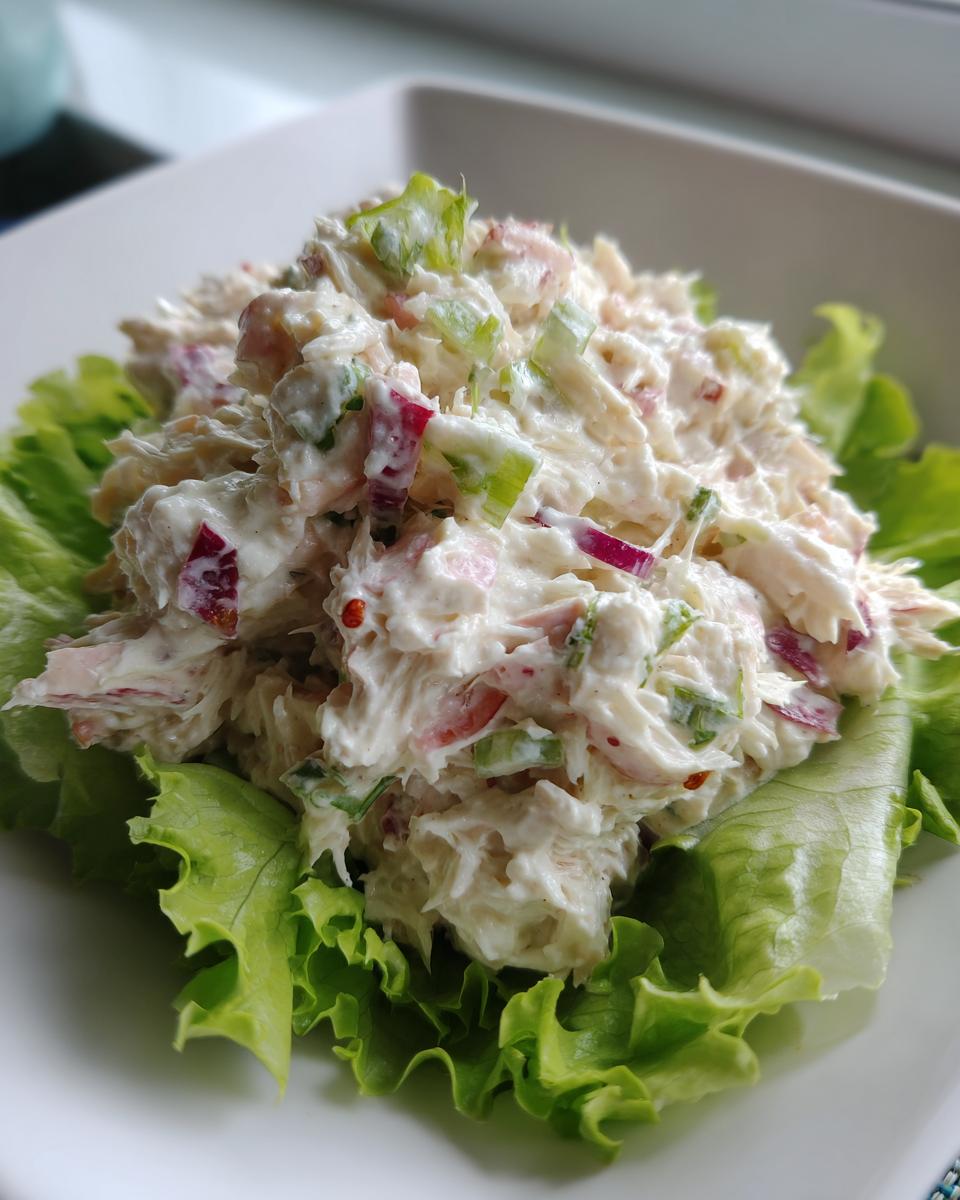 A scoop of creamy crab salad mixed with red onion and celery served atop bright green lettuce leaves.