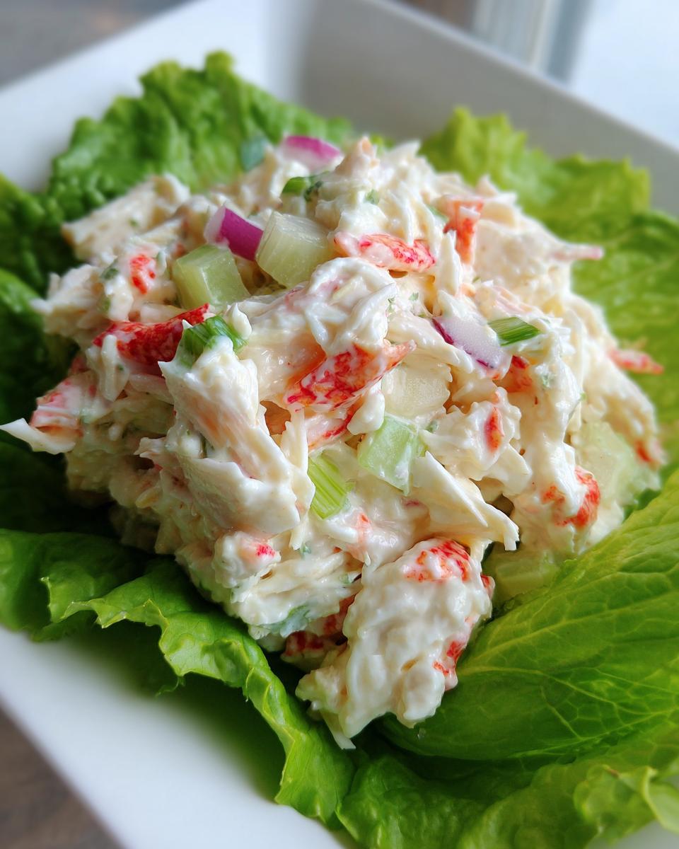 Close-up of creamy crab salad mixed with celery and red onion, served atop bright green lettuce leaves.
