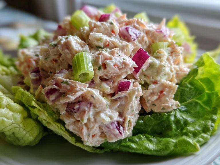Close-up of creamy crab salad mixed with red onion and celery, served on a bed of bright green lettuce.