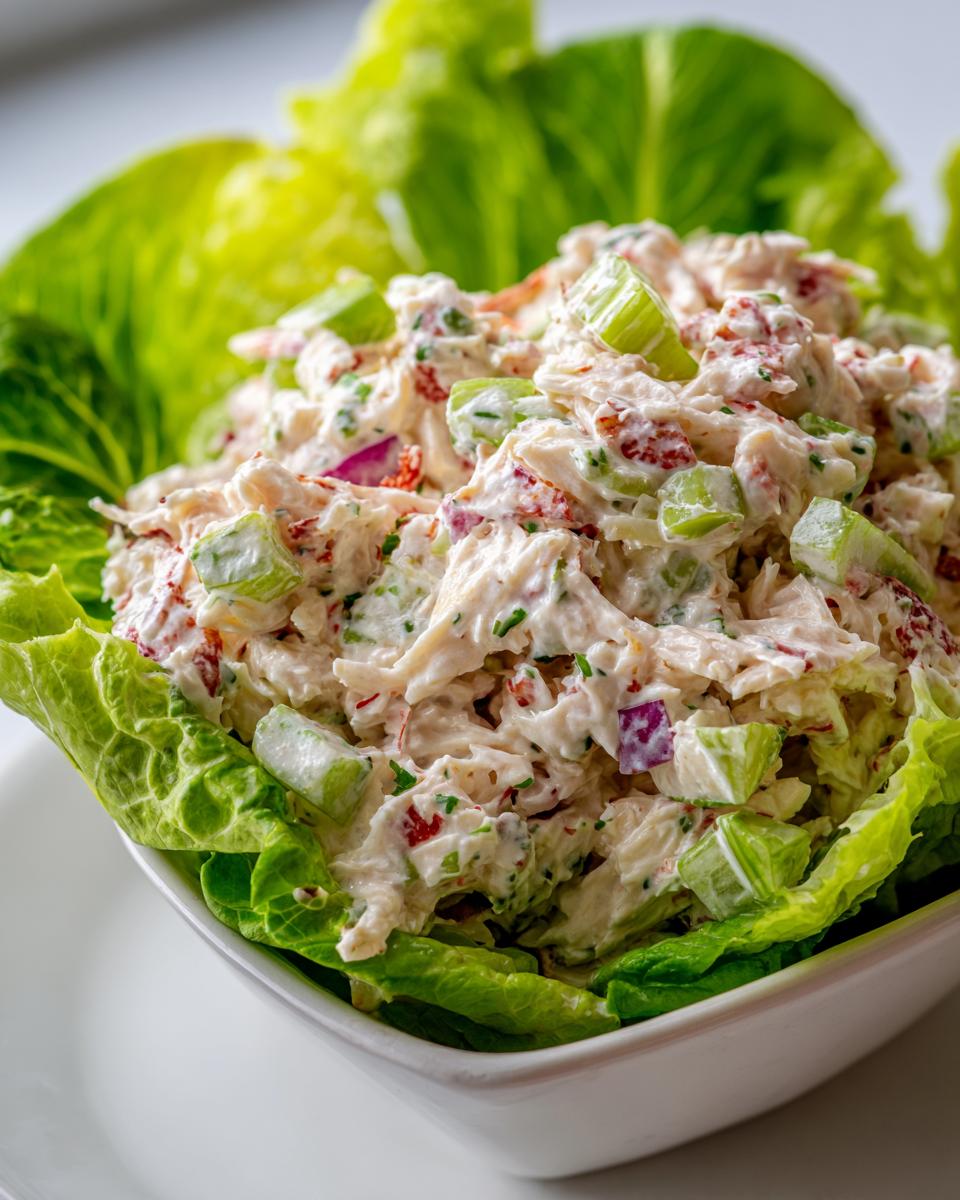 Close-up of creamy crab salad mixed with celery and red onion, served in crisp green lettuce cups.