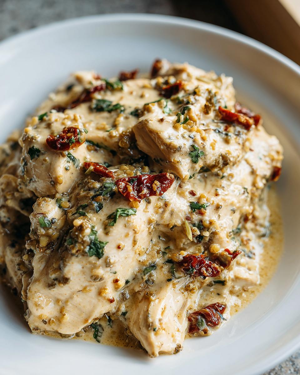 Close-up of tender chicken breasts smothered in a creamy sauce with sun-dried tomatoes and herbs, perfect crockpot marry me chicken.