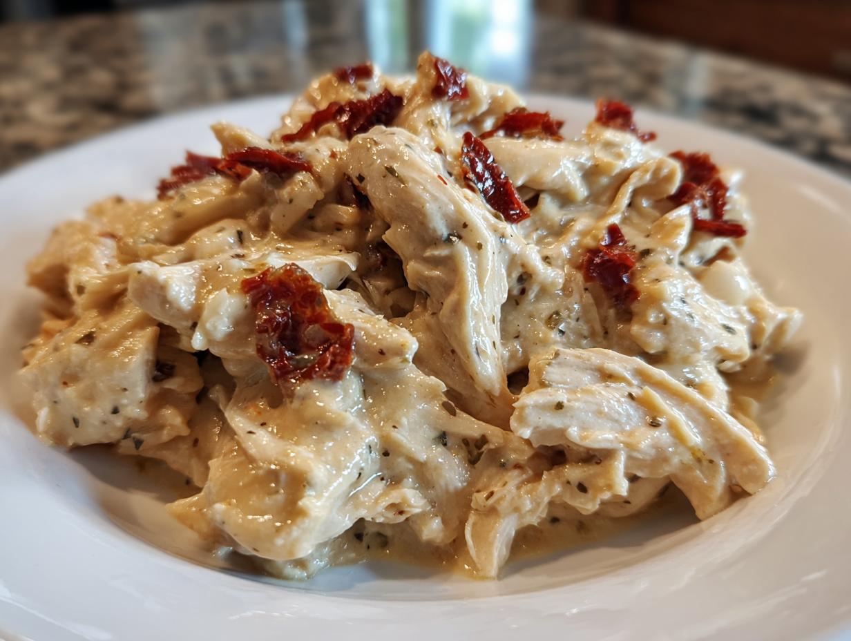 Close-up of shredded chicken coated in creamy sauce and topped with sun-dried tomatoes, representing crockpot marry me chicken.