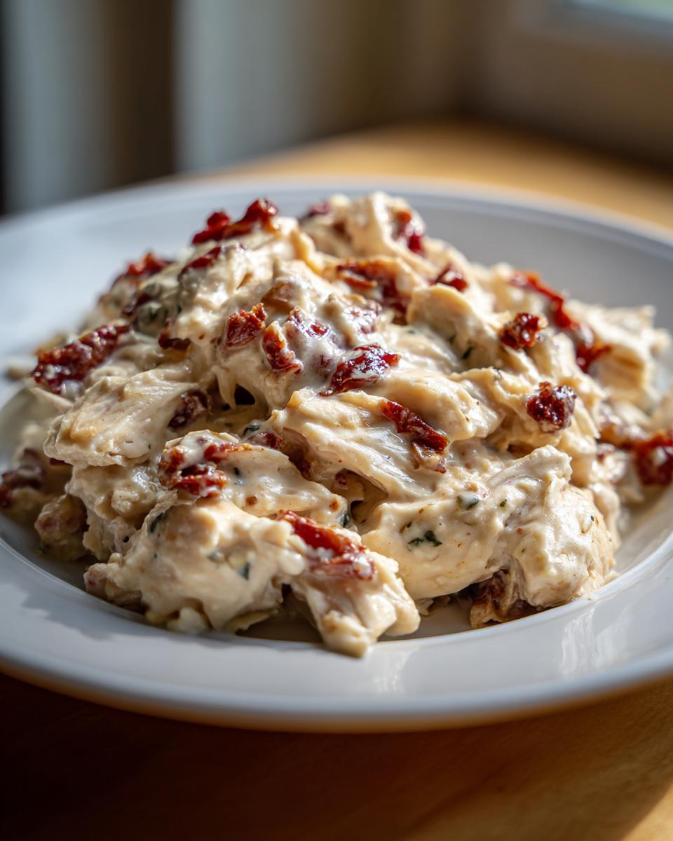 Close-up of shredded chicken coated in a creamy sauce with sun-dried tomatoes, representing crockpot marry me chicken.