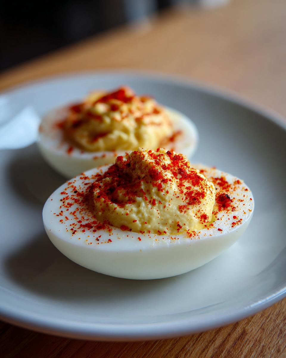 Close-up of two creamy deviled eggs topped generously with bright red paprika on a white plate.