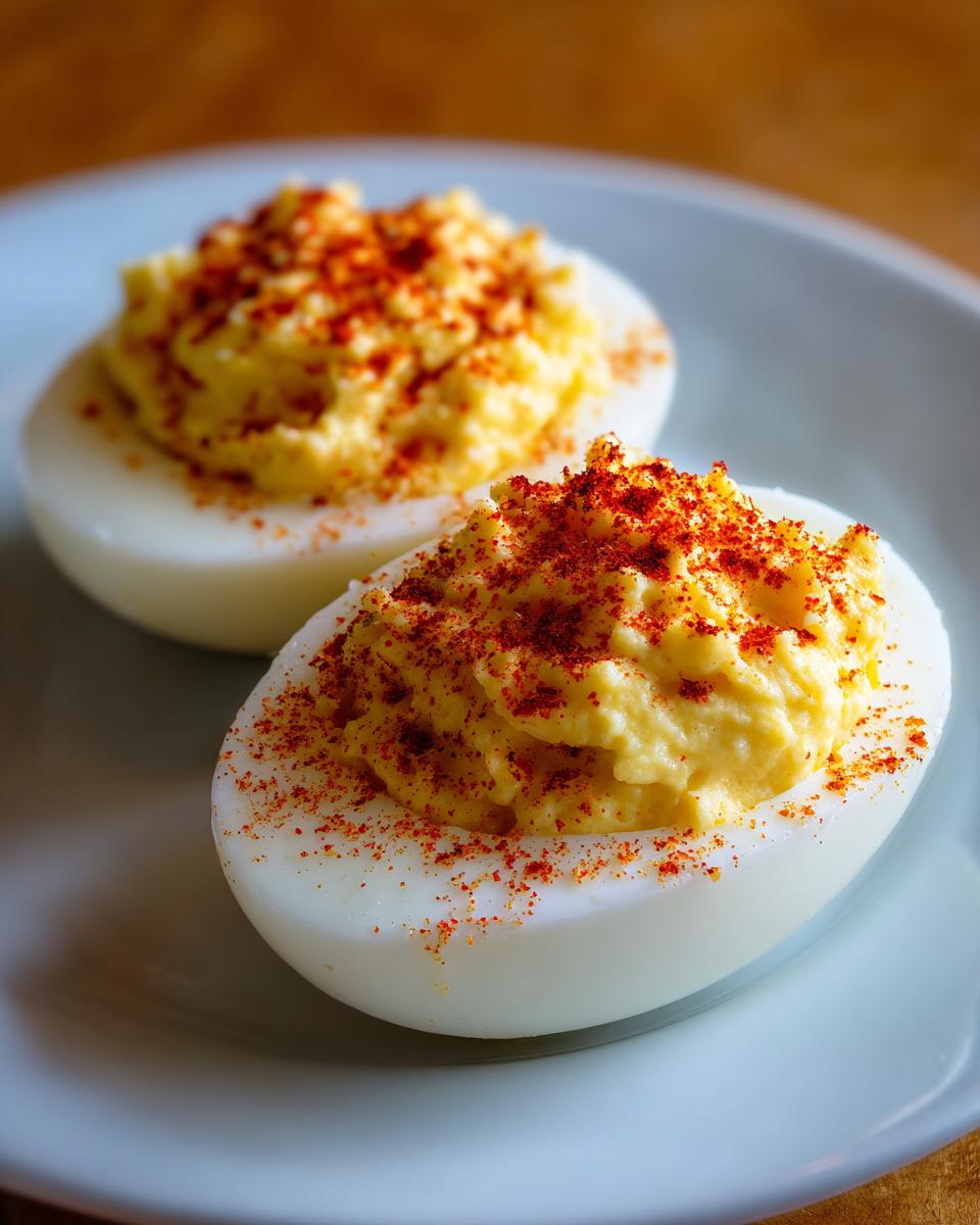 Two halves of creamy deviled eggs, generously filled and sprinkled with bright red paprika.