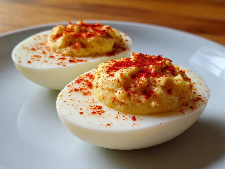 Two halves of creamy deviled eggs topped with bright paprika, ready to eat.