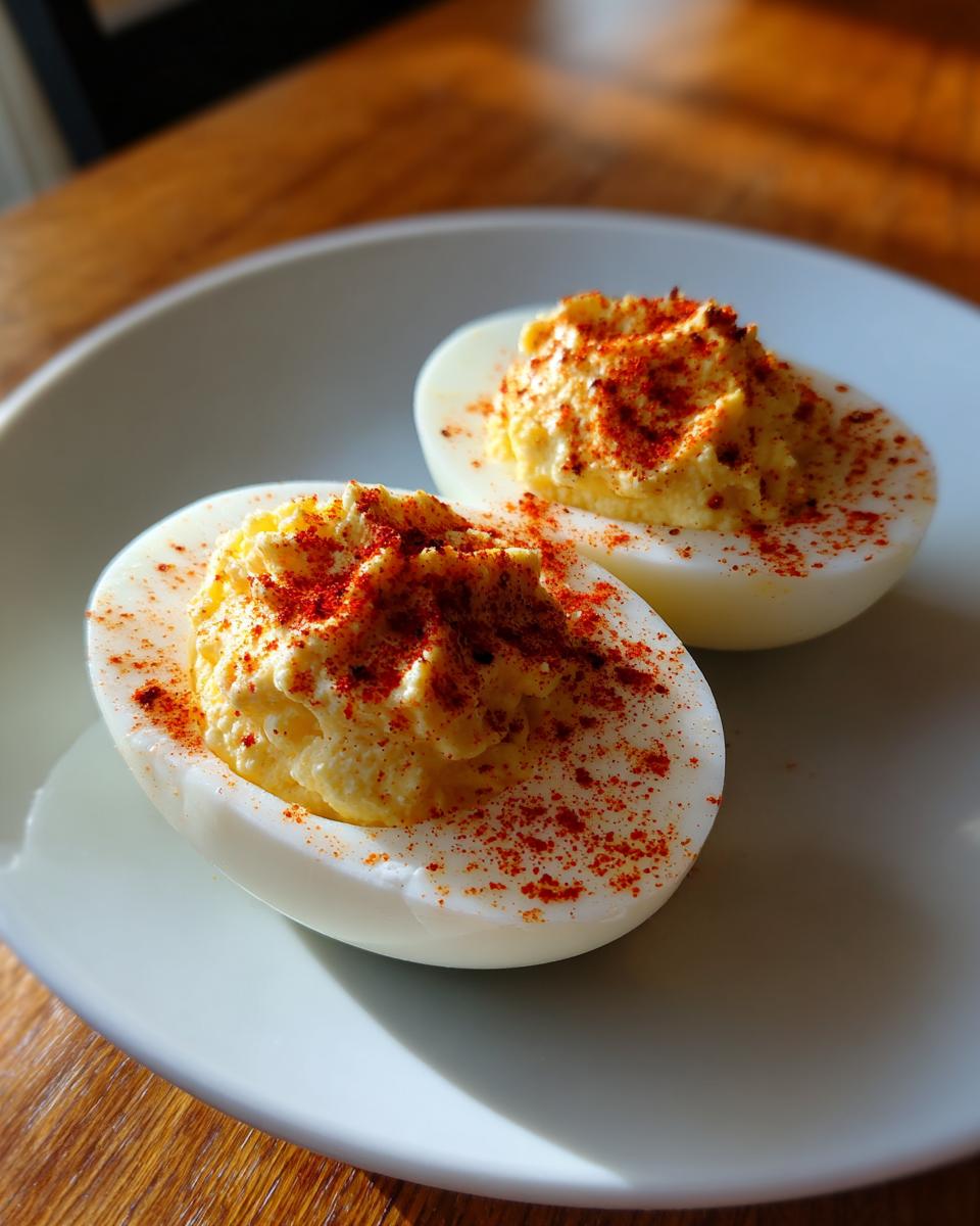 Close-up of two perfectly prepared deviled eggs, filled with creamy yolk mixture and dusted generously with bright red paprika.