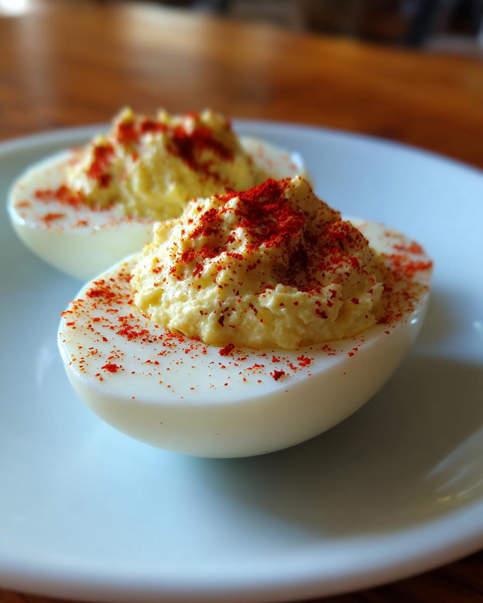 Two halves of creamy deviled eggs, generously filled and sprinkled with bright red paprika, resting on a white plate.