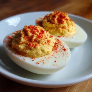 Close-up of two creamy deviled eggs topped with piped filling and sprinkled with bright red paprika.