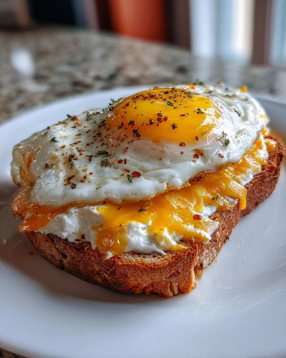 A close-up of creamy egg toast topped with a sunny-side-up egg, melted cheddar cheese, and herbs.