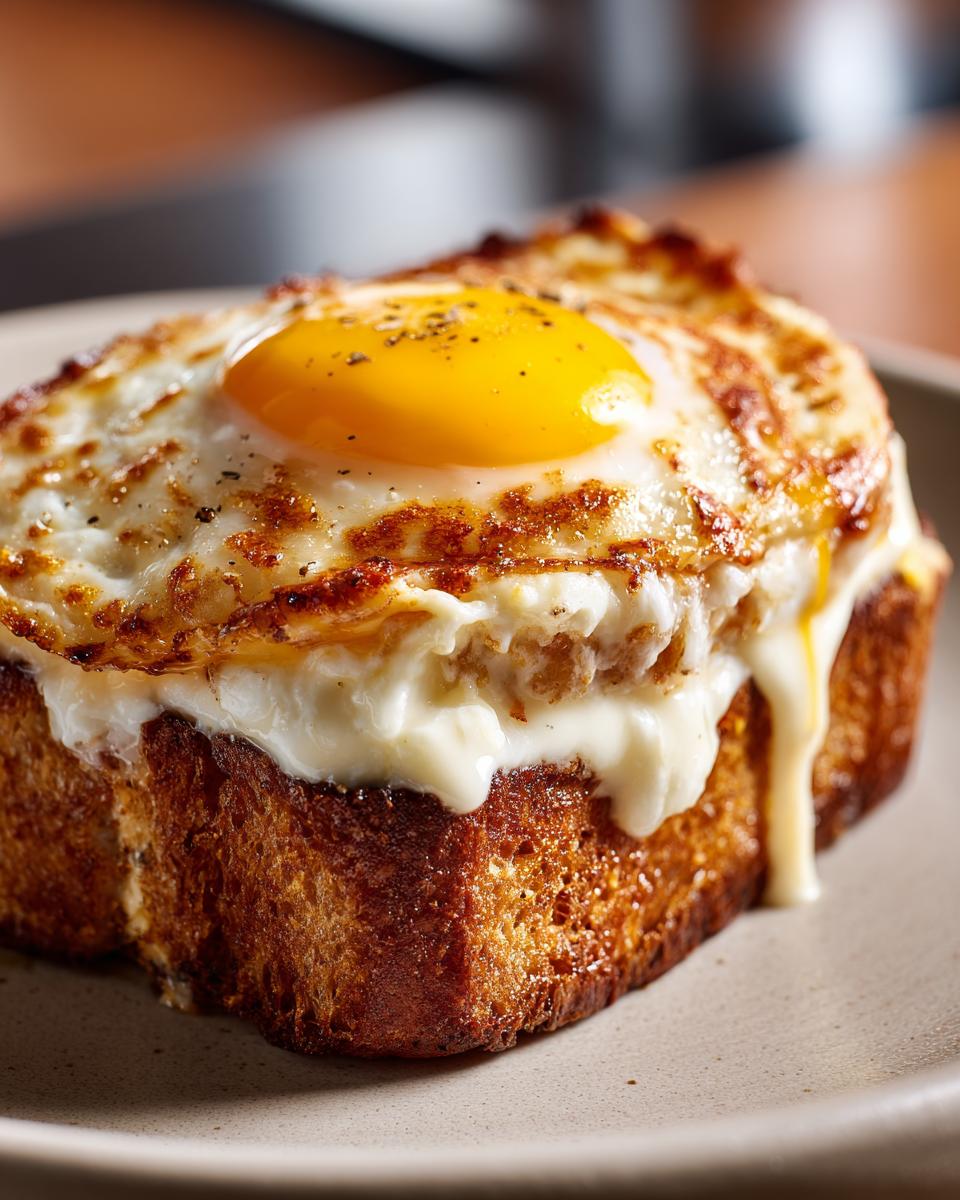 A thick slice of golden brown toast topped with creamy sauce and a perfectly cooked sunny side up egg, forming delicious egg toast.