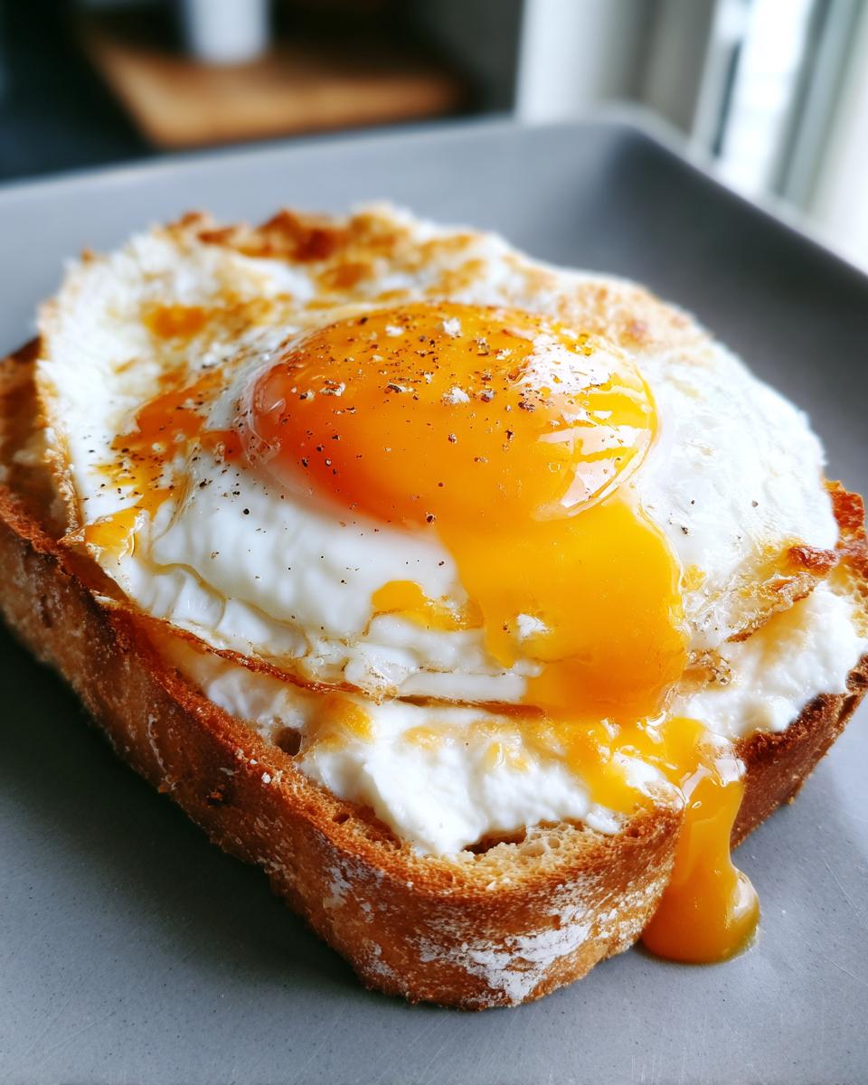 Close-up of creamy egg toast featuring a perfectly fried egg with a runny yolk dripping over the side.