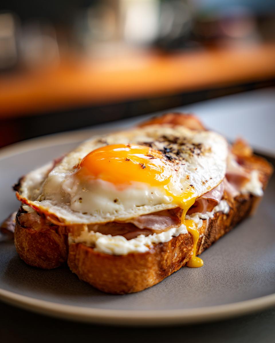 Close-up of a delicious egg toast topped with a sunny-side-up egg, ham, and creamy cheese, featuring a runny yolk.