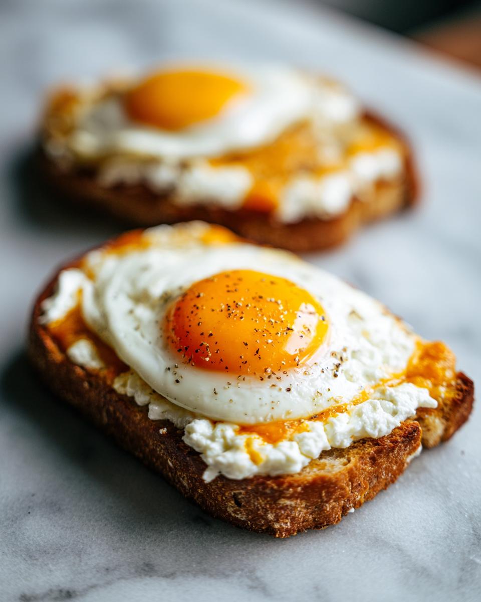 Close-up of creamy egg toast featuring a sunny-side-up egg seasoned with pepper over ricotta cheese on toasted bread.