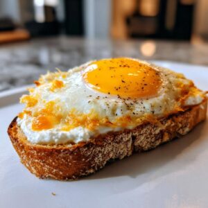 Close-up of creamy egg toast topped with a perfectly cooked sunny-side-up egg and black pepper.