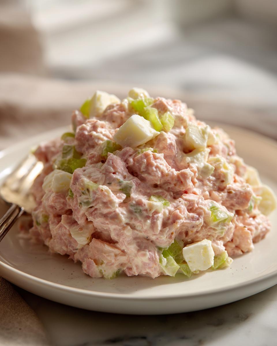 A mound of creamy ham salad recipe mixed with chopped celery and hard-boiled egg pieces, served on a white plate.