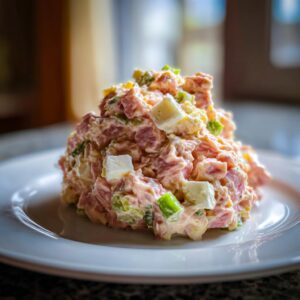 A close-up, appetizing mound of creamy ham salad recipe mixed with chopped eggs and green onion on a white plate.