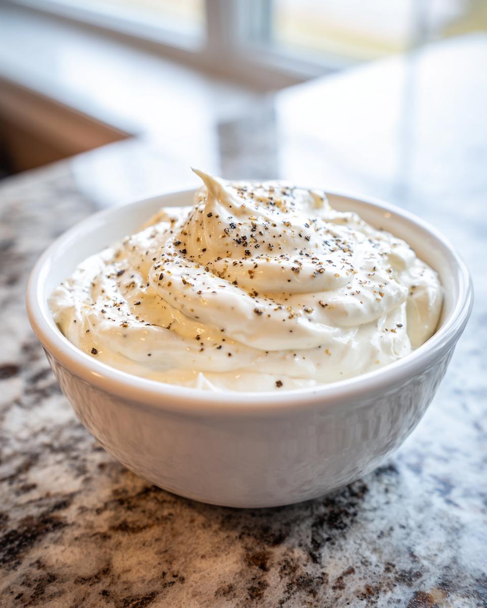 A close-up of creamy horseradish sauce, swirled high in a white bowl and sprinkled with coarse black pepper.