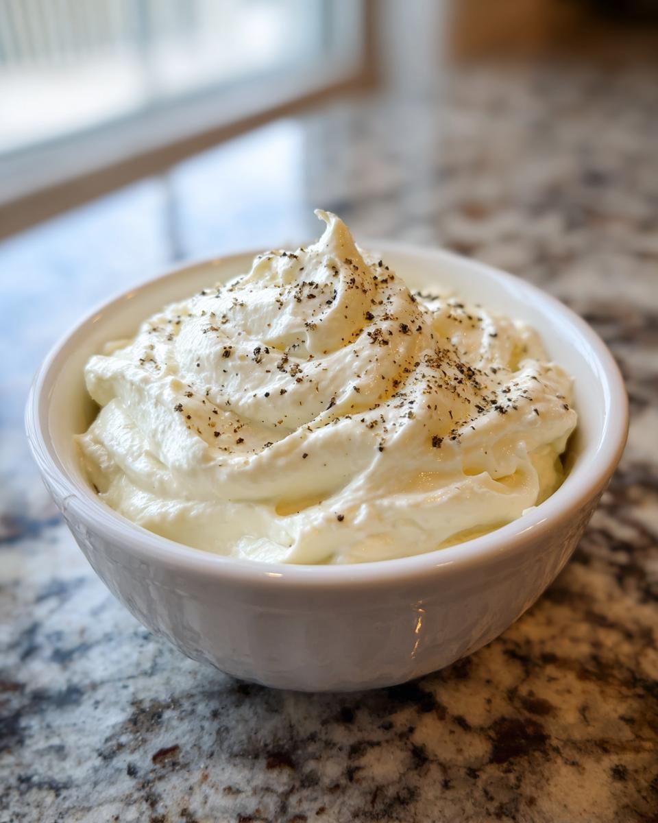 A white bowl filled with creamy horseradish sauce, peaked on top and sprinkled with cracked black pepper.