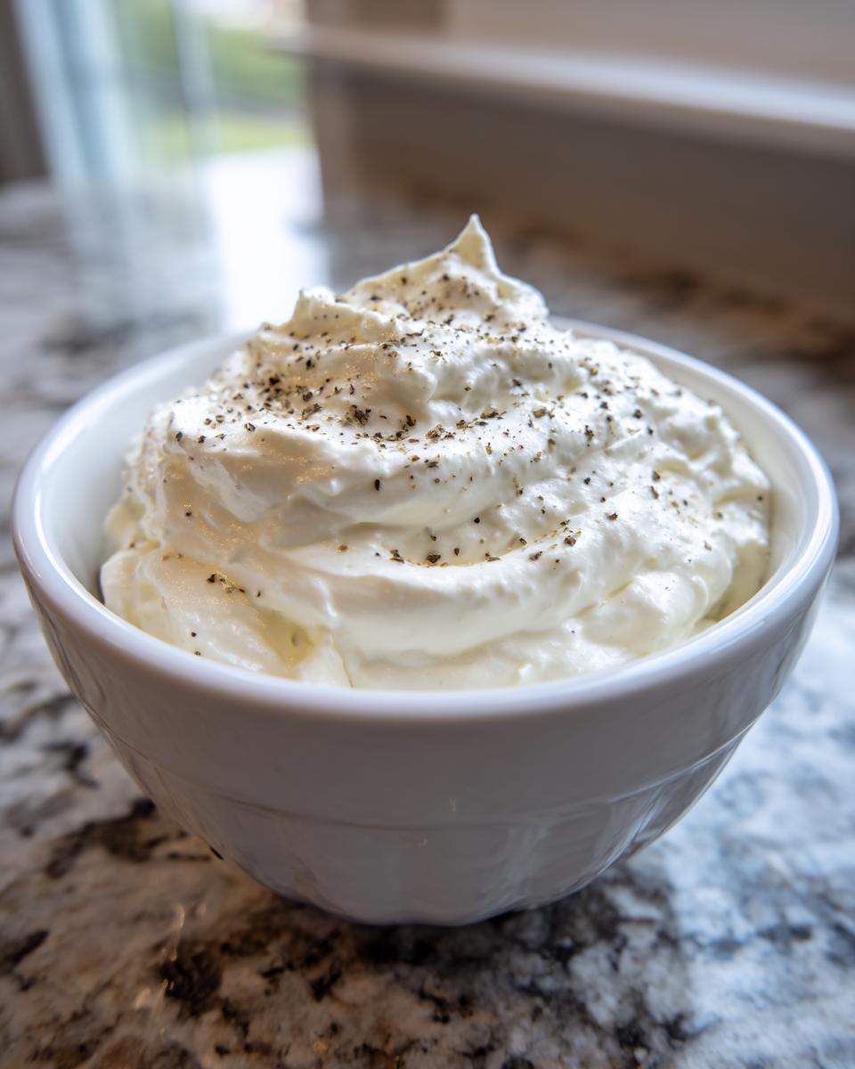 A bowl of creamy white horseradish sauce, swirled high and topped with cracked black pepper.