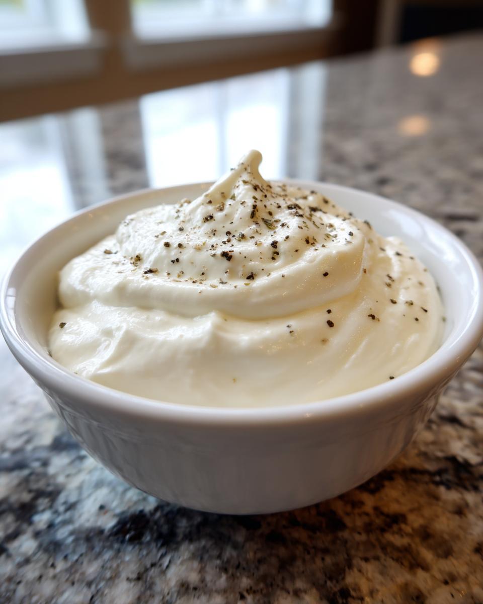 A small white bowl filled with thick, creamy horseradish sauce, topped with freshly ground black pepper.