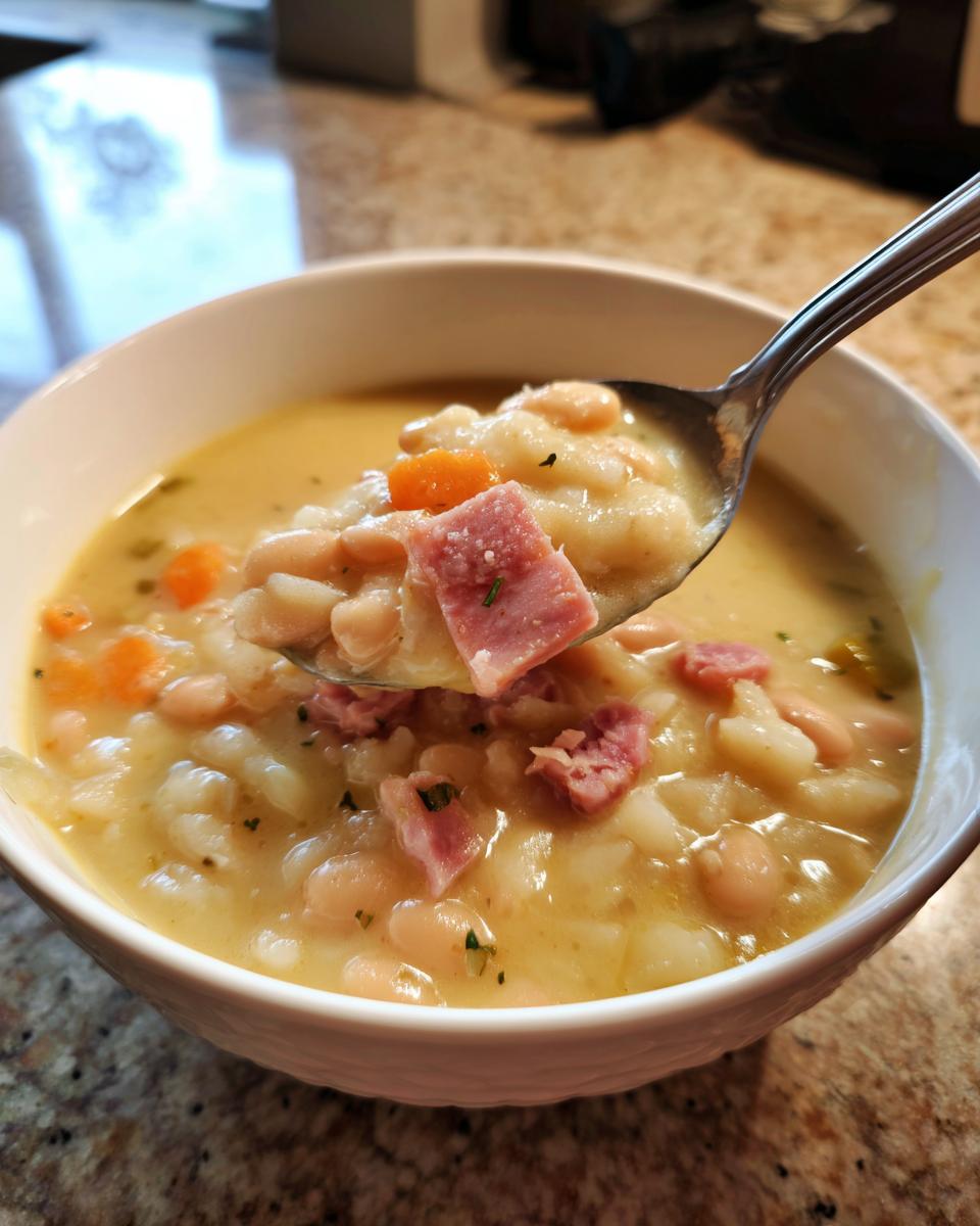 A spoonful of creamy navy bean soup, featuring white beans, diced ham, and carrots, lifted from a white bowl.