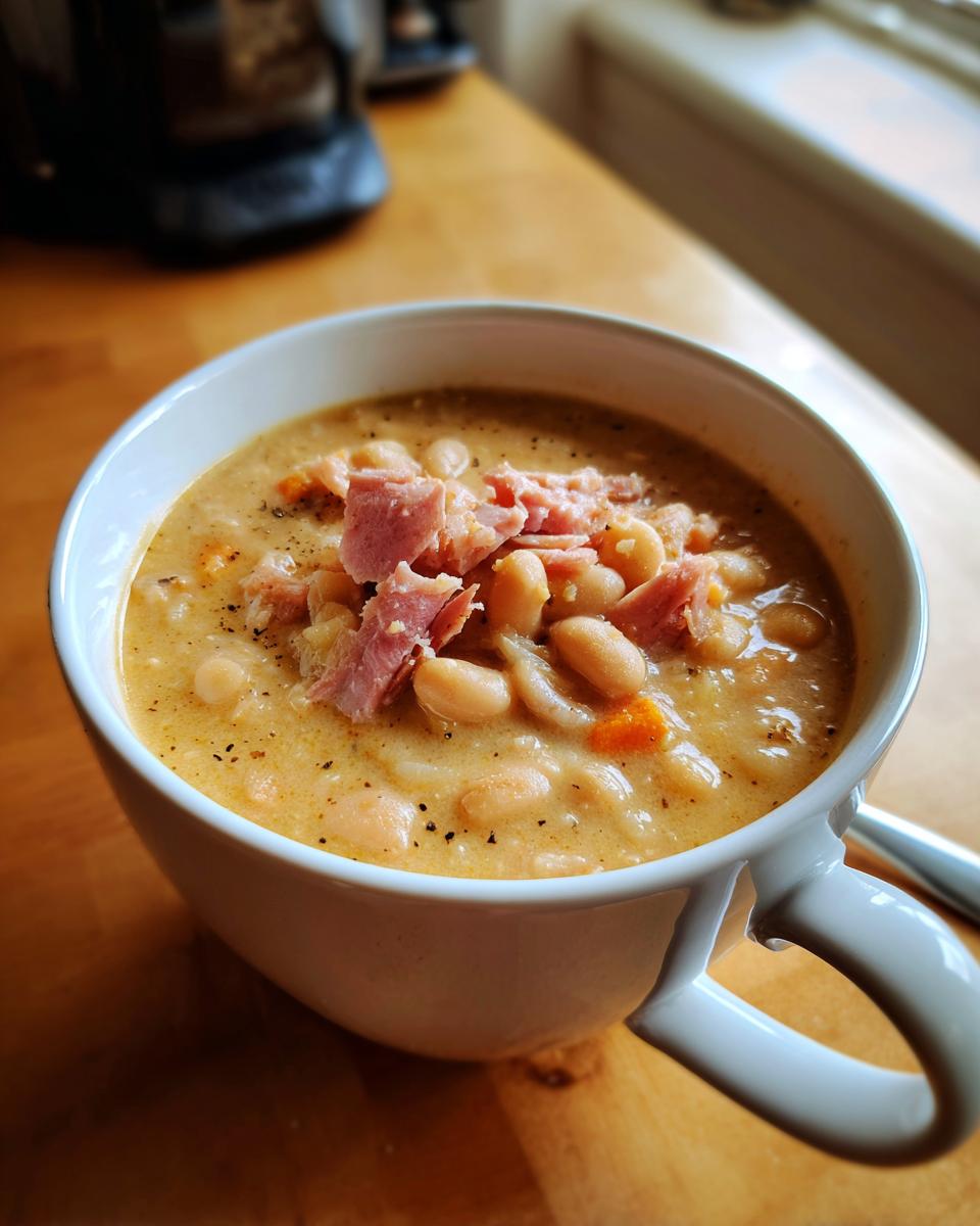 Close-up of a creamy navy bean soup in a white mug, garnished with shredded ham and black pepper.